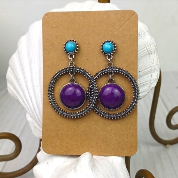 ♥️BUNDLE ONLY♥️ Purple & Turquoise Faux Stone Silver Tone Boho Dangling Earrings - Picture 1 of 6